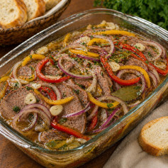 Escabeche de Carne: Receita Tradicional de Carne Marinada com Pimentões, Cebolas e Azeite