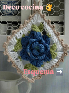 Esquema de decoración para cocina con rosa azul y granny square