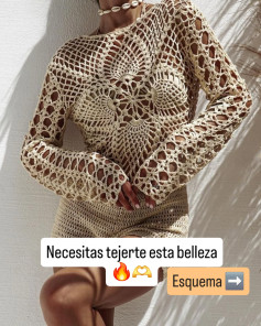 Esquema de suéter crochet con diseño floral y mangas largas