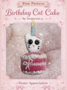 Free Crochet Pattern: Birthday Cat Cake by loopyzoo.y - Cute Amigurumi Cat on Pink Layered Cake