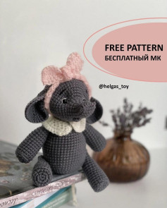 Free Crochet Pattern: Cute Grey Elephant Amigurumi with Pink Bow and White Collar by Helgas Toy