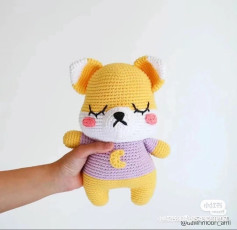 Free Crochet Pattern for Cute Yellow Fox Amigurumi Doll with Purple Moon Shirt and Sleeping Eyes