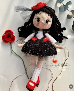 Gelinçik Elora Crochet Doll Pattern with Black Dress and Red Flower