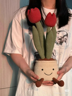 Giant Crochet Tulip Potted Plant Pattern with Smiley Face Pot