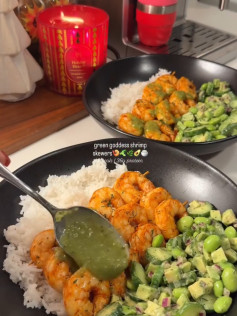 Green Goddess Shrimp Skewers Bowl with Avocado Edamame Salad and Basmati Rice