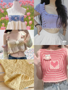 Handmade Crochet Summer Tops: Blue Flower Panel, Pastel Floral Set, and Pink Heart Vest Patterns