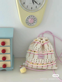 Handmade Pastel Crochet Drawstring Bag with Pom Poms and Matching Chart Pattern