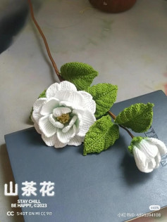Handmade White Camellia Crochet Flower with Leaves and Tutorial Chart