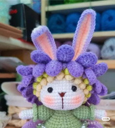 Handwritten Crochet Pattern for Purple Flower Bunny Hat and Green Star Base