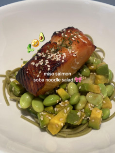 Healthy Miso Salmon Soba Noodle Salad with Edamame, Avocado, and Cucumber
