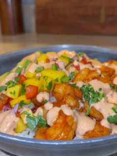Honey Chipotle Shrimp Bowl with Mango Salsa and Yogurt Sauce