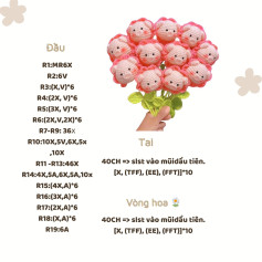 Hướng dẫn chi tiết cách móc bó hoa len hình đầu heo dễ thương với màu hồng và xanh lá