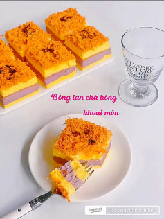Hướng dẫn làm bánh bông lan chà bông khoai môn, lớp kem tím và topping thịt bò khô giòn