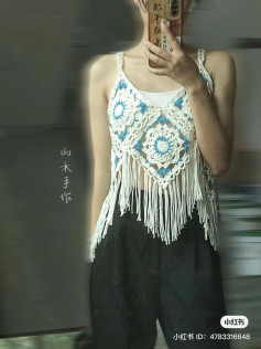 Hướng dẫn móc áo yếm bohemian họa tiết granny square màu trắng xanh với tua rua