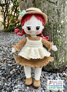 Hướng dẫn móc búp bê tóc đỏ mặc váy nâu trắng