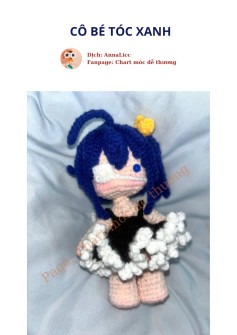 Hướng dẫn móc len búp bê cô bé tóc xanh với mắt băng gạc và váy xếp ly đen trắng