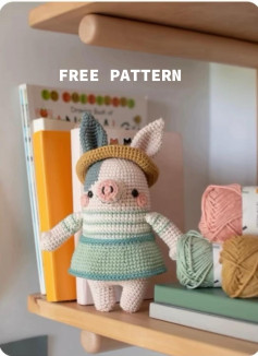 Hướng dẫn móc len búp bê lợn mặc váy xanh và mũ rơm