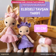 Hướng dẫn móc len búp bê thỏ mặc váy Elbiseli Tavşan cao 30cm, bao gồm danh sách nguyên liệu và bảng chart chi tiết từng phần