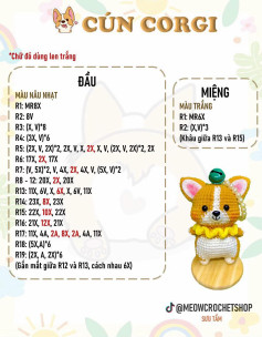 Hướng dẫn móc len Cún Corgi dễ thương, chart chi tiết từng phần đầu, tai, tay, chân và thân