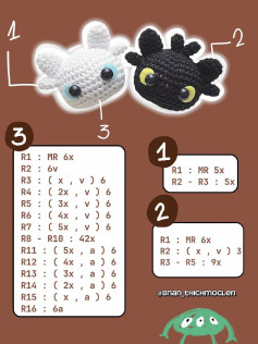 Hướng dẫn móc len đầu cá voi trắng và đen, bao gồm bảng chart chi tiết từng hàng