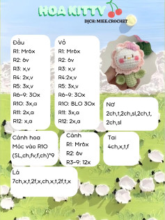 Hướng dẫn móc len Hoa Kitty dễ thương, bảng chart chi tiết từng phần đầu, vỏ, cánh hoa
