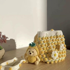 Hướng dẫn móc túi len quả dứa màu vàng và trắng kèm gấu bông