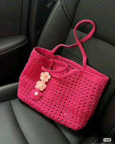 Hướng dẫn móc túi lưới bánh quế hồng kèm hoa puff