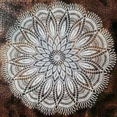 Intricate White Floral Crochet Doily with Detailed Chart Pattern