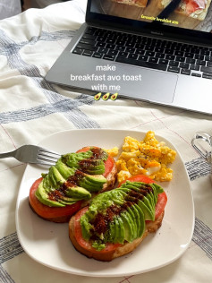Make breakfast avo toast with me: simple avocado toast with tomatoes, buttered bread, and scrambled eggs
