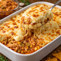 Mandioca Cremosa De Forno: Cassava Bake With Shredded Chicken, Corn, Olives And Melted Mozzarella
