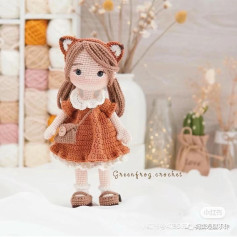Mia Doll Crochet Pattern: Cute Amigurumi Girl with Fox Ears, Brick Red Dress and Detailed Tutorial by Green Frog Crochet