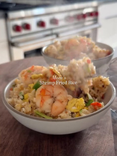 Mom's Shrimp Fried Rice Recipe with Crispy Buttered Jasmine Rice, Scrambled Eggs, and Fresh Vegetables