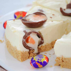 No-Bake Cadbury Creme Egg Cheesecake with White Chocolate Filling