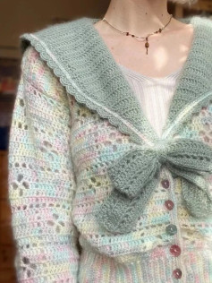 Pastel Color Block Crochet Cardigan with Sailor Collar and Bow - Detailed Stitch Chart Pattern