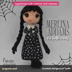 Patrón Amigurumi Gratis: Búp bê Merlin Addams tóc đen dài, váy in xương trắng, mắt to và mũ phù thủy