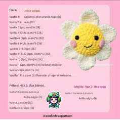 Patrón de crochet para flor amarilla con pétalos blancos y mejillas rosadas