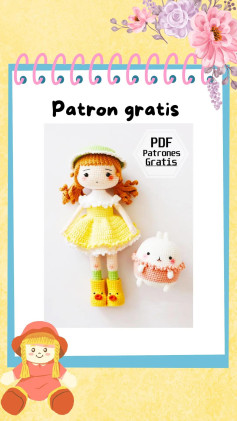 Patrón gratis de muñeca amigurumi con vestido amarillo y conejo