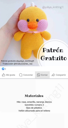 Patrón Gratuito Amigurumi Pato Amarillo con Mejillas Rosadas