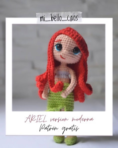 Patrón gratuito de amigurumi Ariel versión moderna con cabello rojo y cola verde