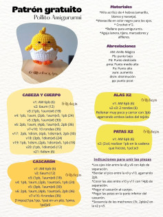Patrón gratuito de Pollito Amigurumi: Guía completa con materiales, abreviaciones y pasos detallados para cabeza, cuerpo, alas y patas