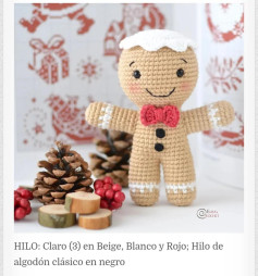 Patrón libre Amigurumi hombre de jengibre con hilo beige, blanco y rojo