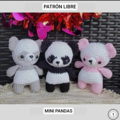 Patrón Libre de Mini Pandas Móc Len: Gấu Panda, Gấu Xám và Gấu Hồng