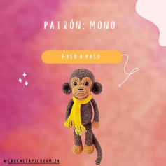 Patrón paso a paso de mono amigurumi con bufanda amarilla, incluyendo materiales y abreviaturas