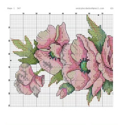 Pink Peony Flowers Cross Stitch Pattern Chart with Anchor and DMC Floss Color Guide