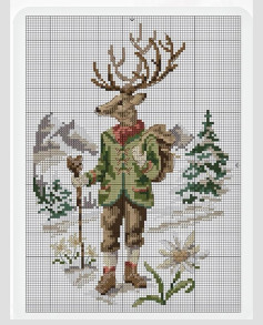 Pixel chart pattern of a cute anthropomorphic deer character wearing green jacket, red scarf and carrying backpack in winter forest