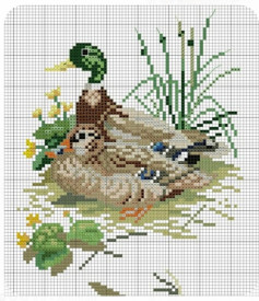 Pixel Chart Pattern of a Green Headed Duck in Nest with Eggs