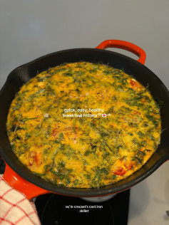 Quick, easy, healthy breakfast frittata with cherry tomatoes and greens cooked in Le Creuset cast iron skillet