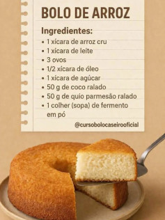 Receita Bolo de Arroz Super Fofinho com Coco e Queijo Parmesão