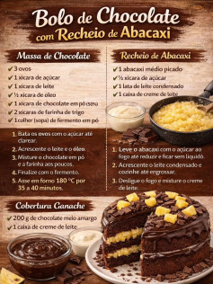 Receita Bolo de Chocolate com Recheio de Abacaxi e Cobertura Ganache