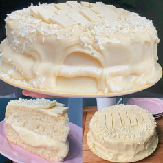 Receita de Bolo Leite Ninho com cobertura de chocolate branco e coco ralado